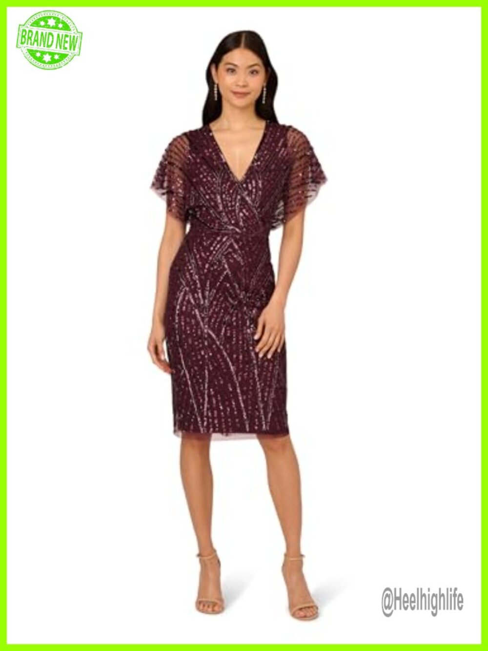 Beaded Dolman Sleeve Midi Dress Surplice V-Neck Cocktail Wedding Formal